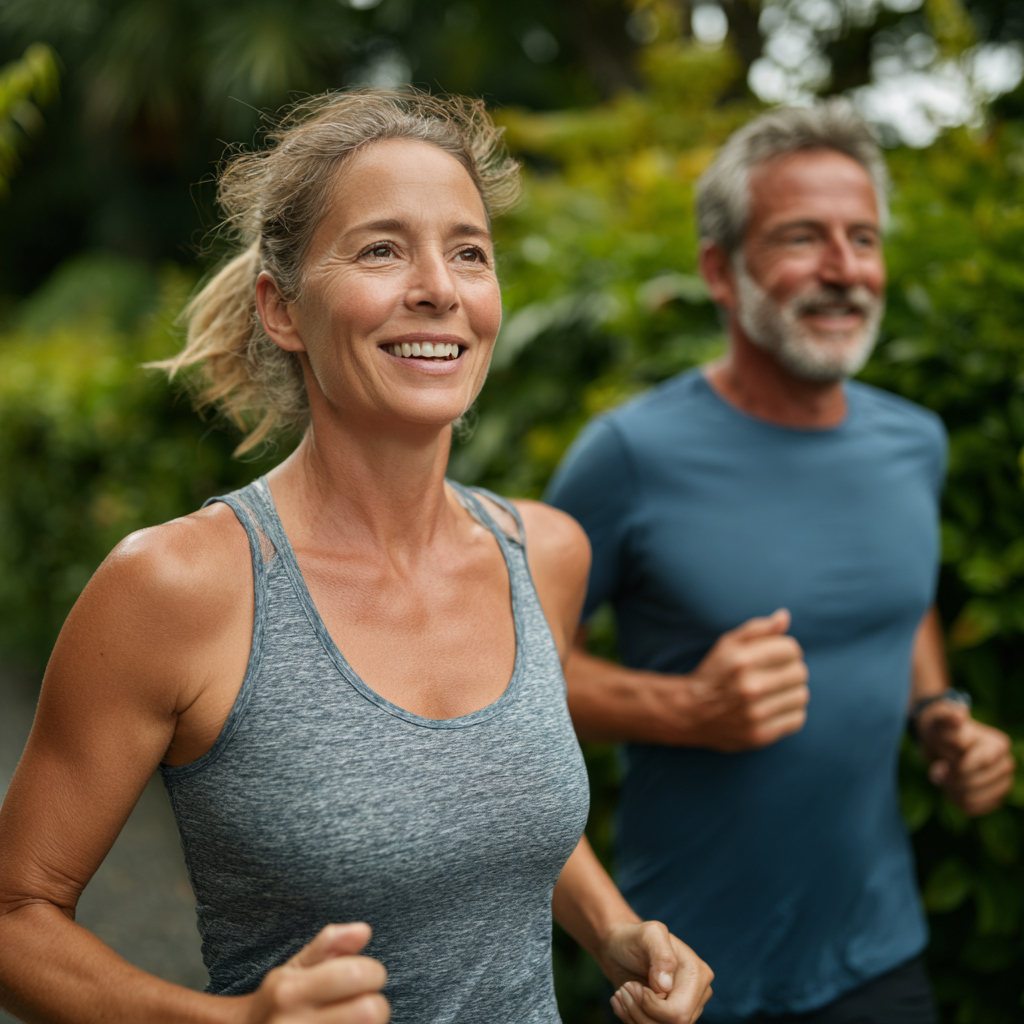 Active couple in their late forties jogging together outdoors in a park setting, showing healthy lifestyle and partnership in fitness activities