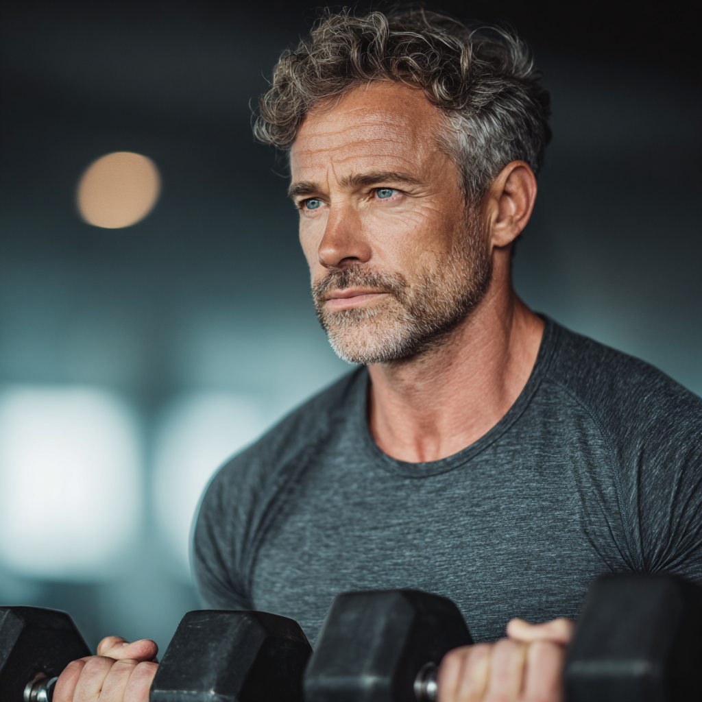 Mature man in his forties exercising with dumbbells in a modern gym setting, showing determination and focus during strength training workout